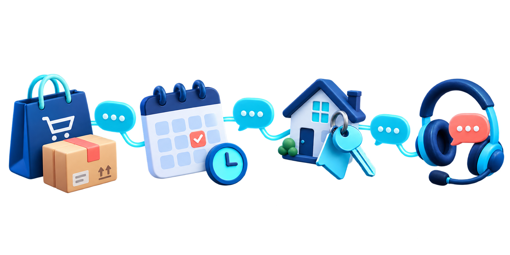 Ilustrasi alur chat untuk toko online, layanan, properti, dan tim sales