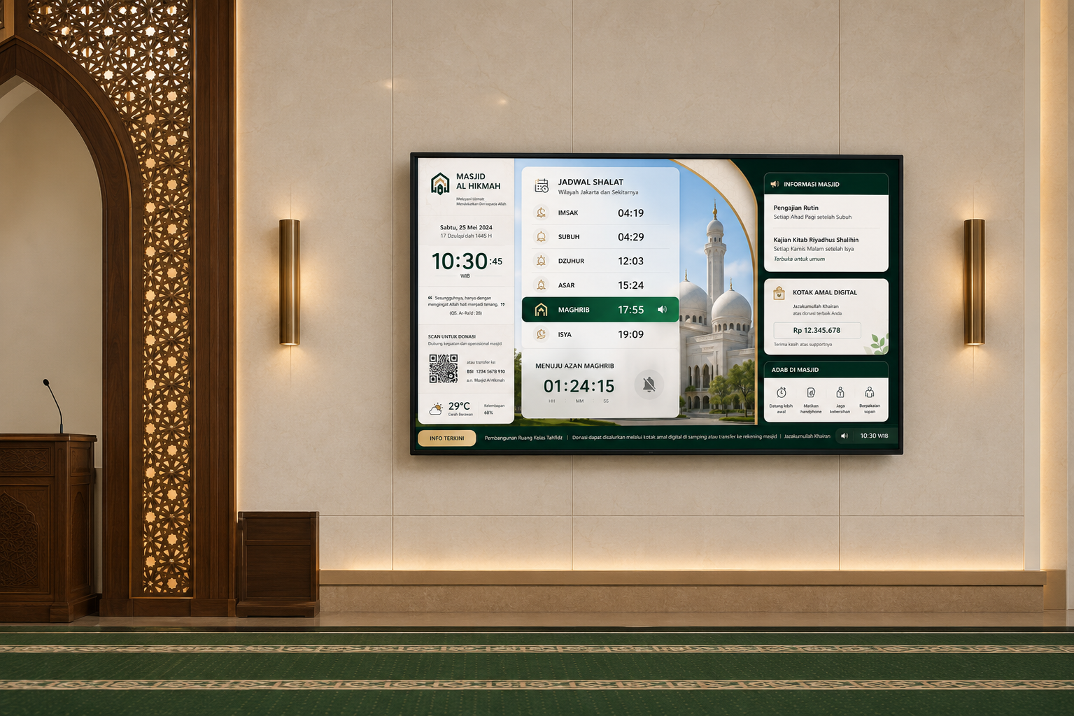 Display TV masjid — jadwal sholat digital real-time